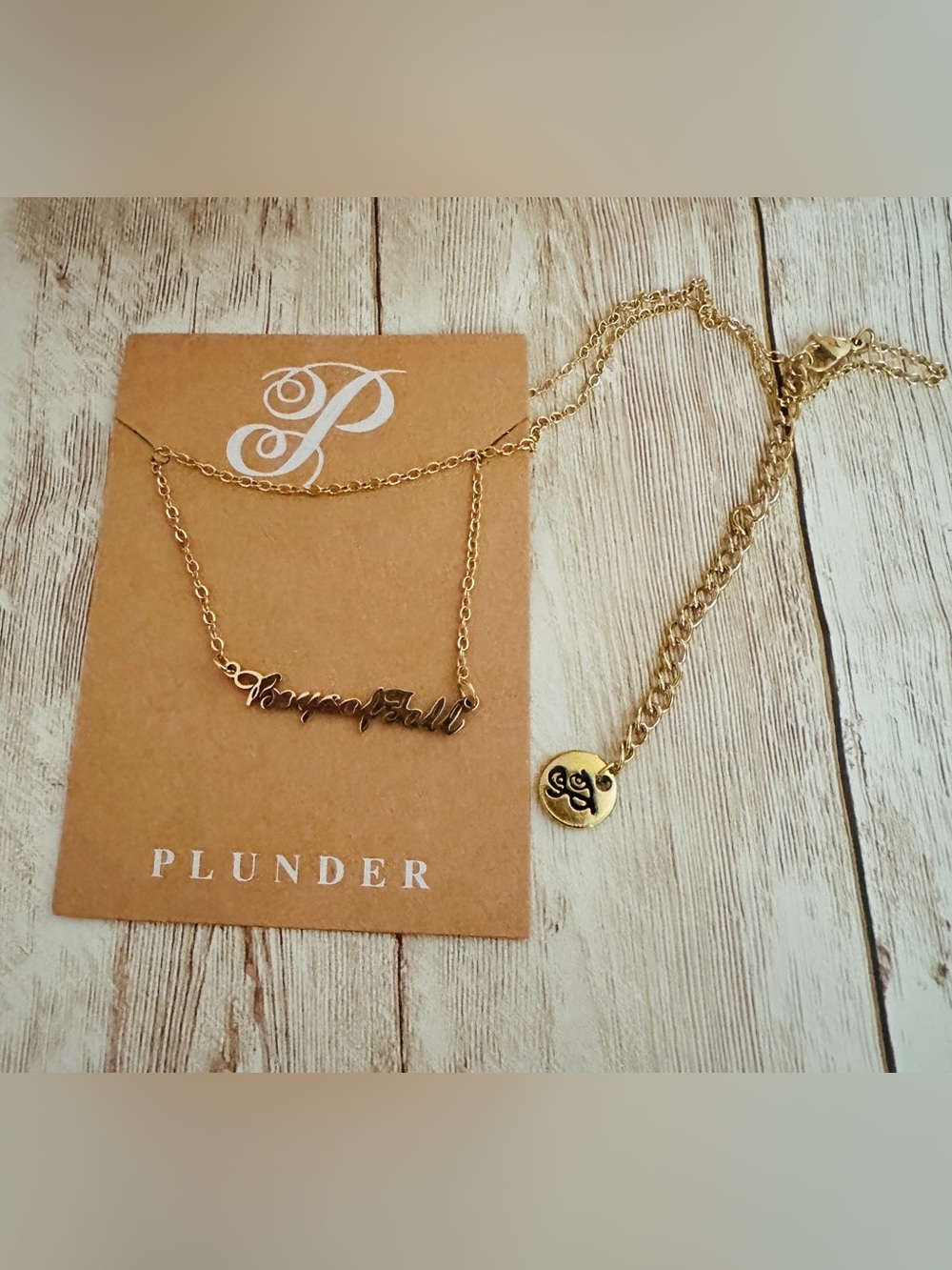 Plunder Gold Script Nameplate Necklace with 'BoysofFall' - Picture 2 of 3